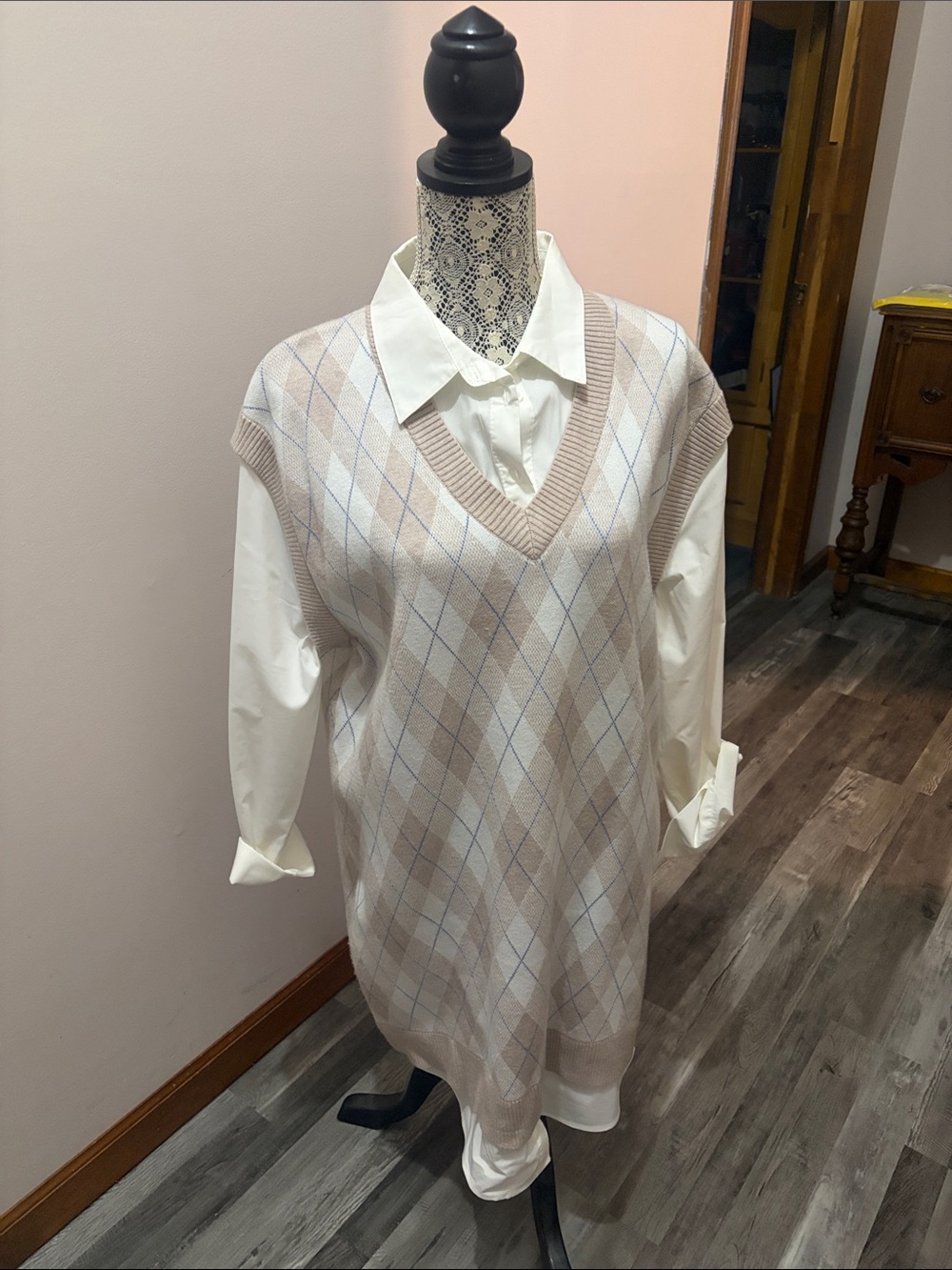 Max Studio Beige and Cream Argyle V-Neck Sweater dress